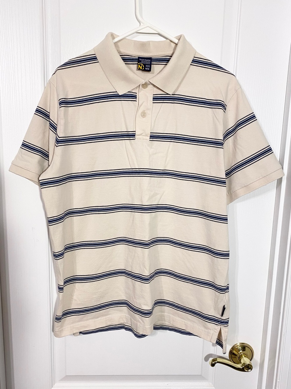Y2K Nautica Striped Polo Shirt Vintage Cream Blue Men’s Medium